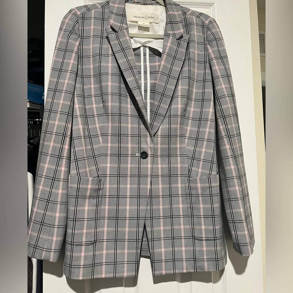 Gray and Pink Plaid Blazer Treasure & Bond